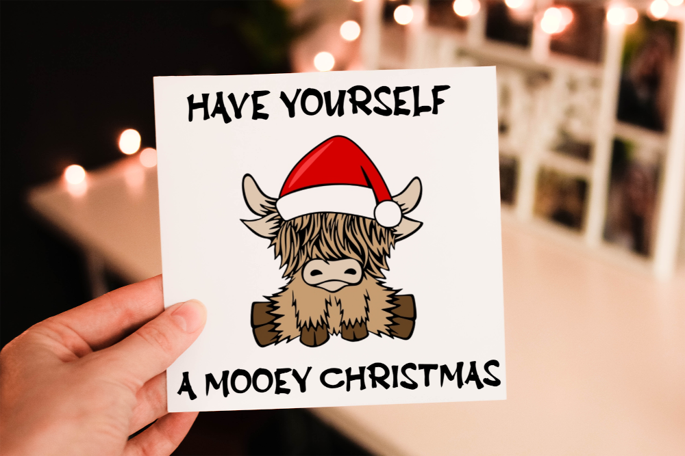 Have Yourself A Mooey Christmas Card, Highland Cow Christmas